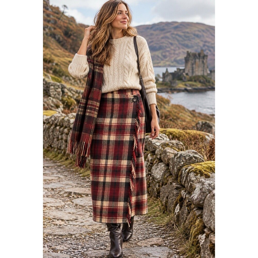 Vintage Eddie Bauer Wool Wrap Maxi Skirt Size 8 Plaid Tartan Fringe USA Made